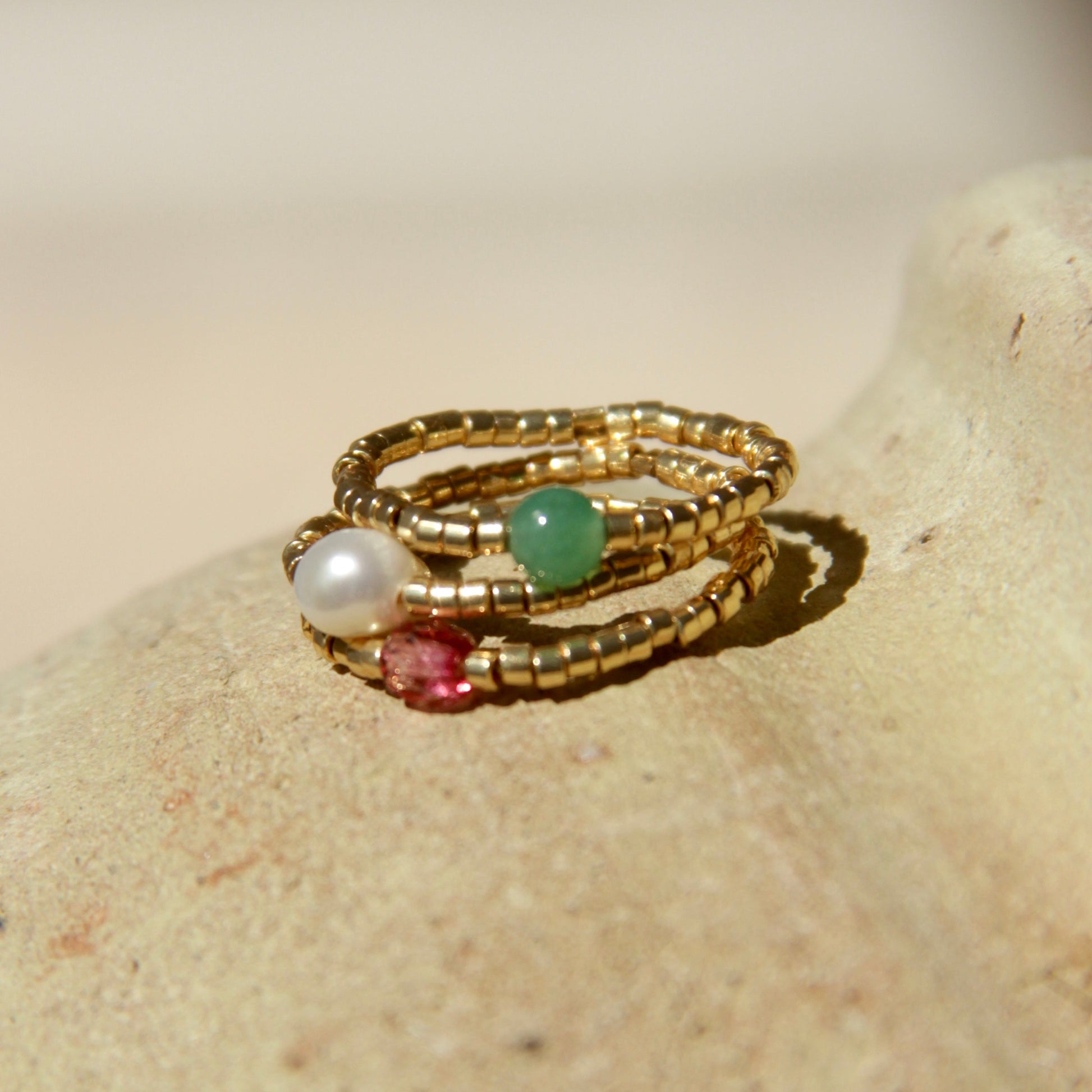 Bague Soleil, Aventurine, Perles d'eau Douce, Perle Swarovski