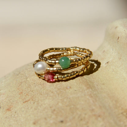 Bague Soleil, Aventurine, Perles d'eau Douce, Perle Swarovski