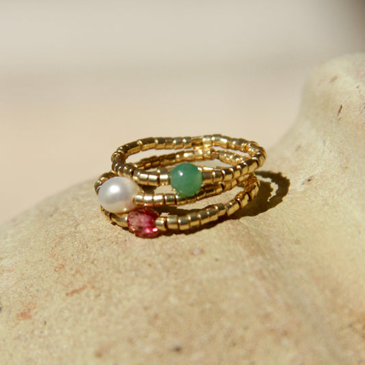 Bague Soleil, Aventurine, Perles d'eau Douce, Perle Swarovski