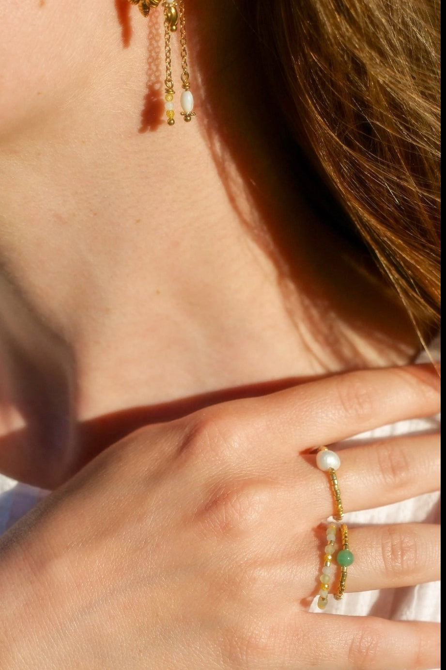 Bague Soleil, Aventurine, Perles d'eau Douce, Perle Swarovski
