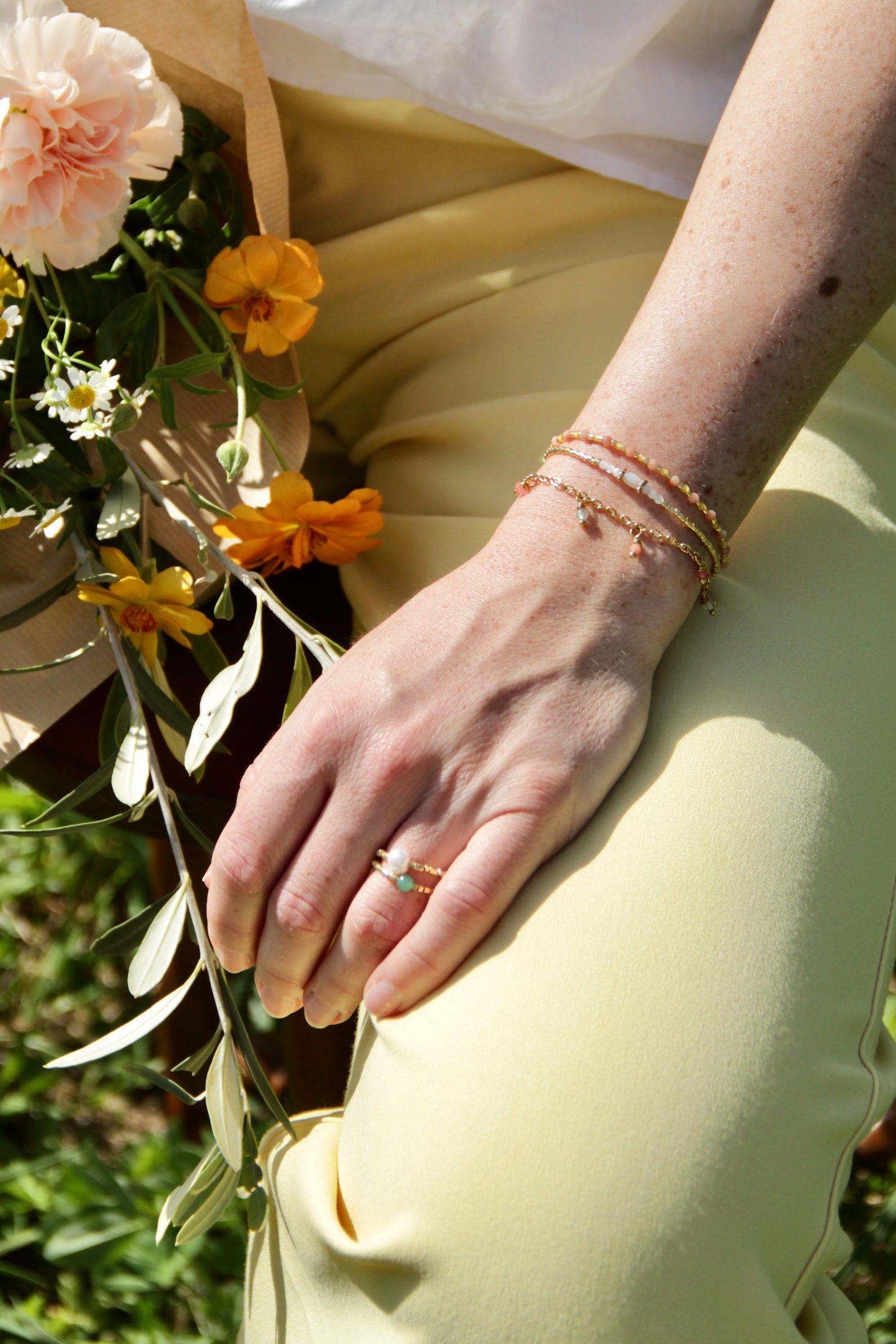 Bracelet Mirabelle, perles rose et jaune