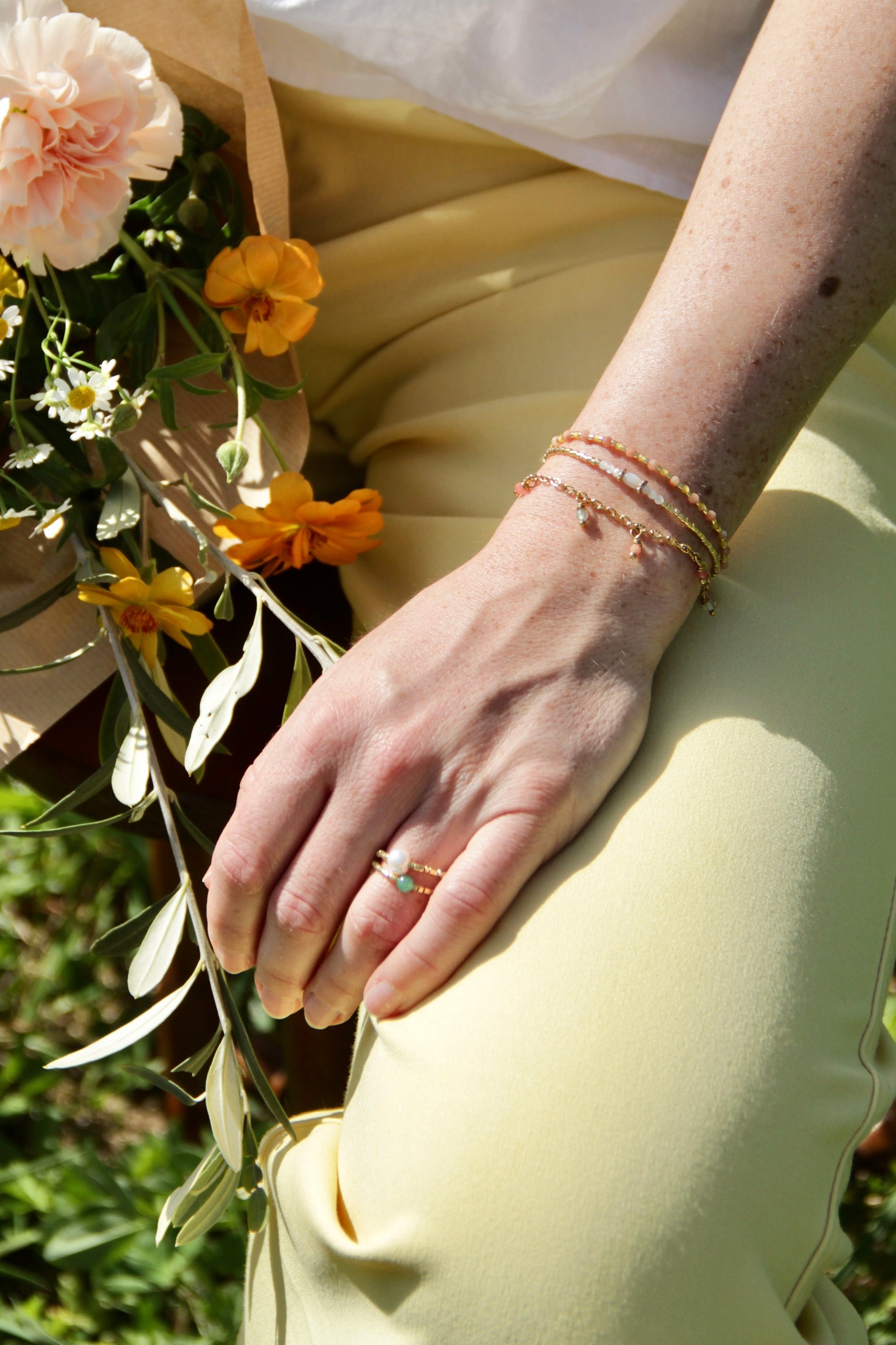 Bracelet Mirabelle, perles rose et jaune